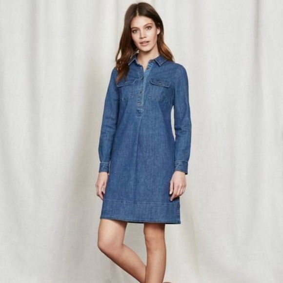 Boden Lola Denim Shirt Dress Sz 8L Long Sleeve Collared Pockets Stretch Casual - Picture 2 of 11